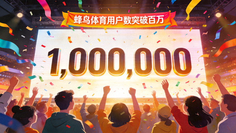 蜂鸟体育用户数突破百万的庆祝画面，大屏幕显示数字1,000,000并有彩带飘落