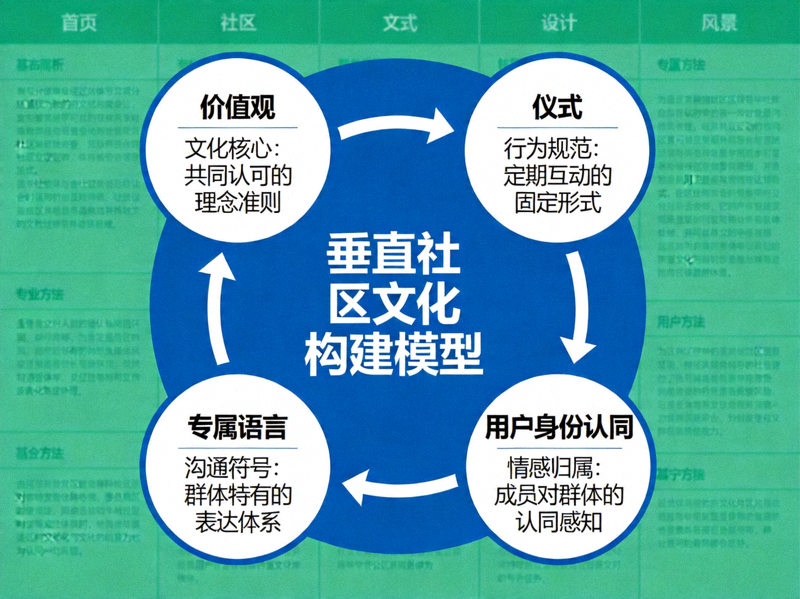 垂直社区文化构建模型图，展示价值观、仪式、专属语言与用户身份认同的关系