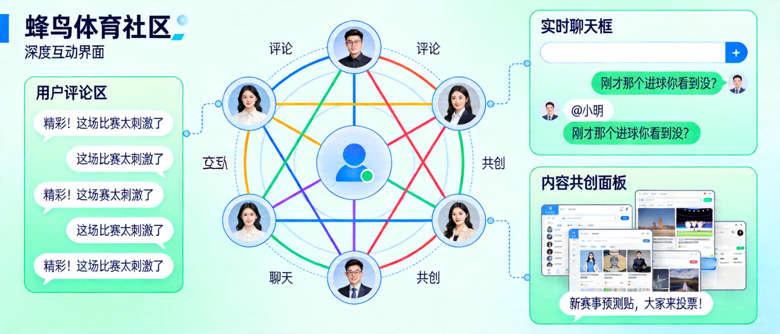 蜂鸟体育社区深度互动界面示意图，展示用户评论、实时聊天与内容共创的复杂网络