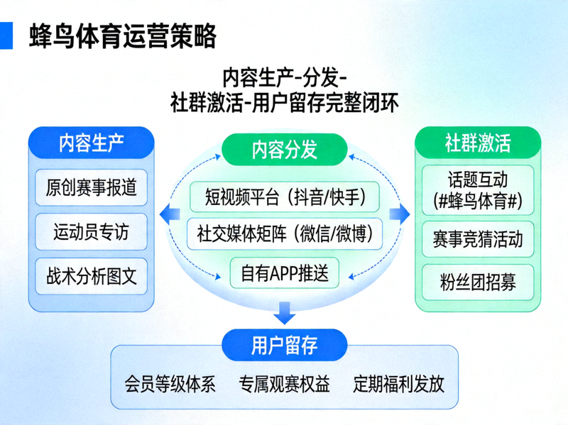 蜂鸟体育运营策略脑图，展示从内容生产、分发到社群激活、用户留存的完整闭环