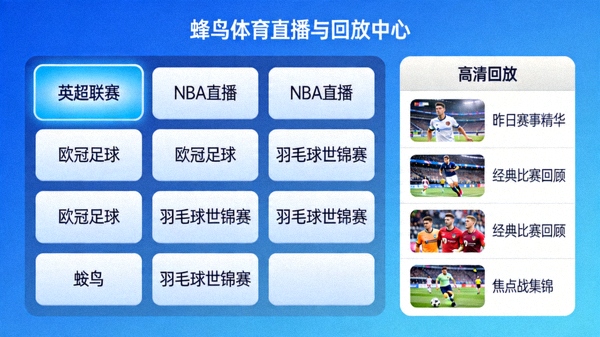 蜂鸟体育直播与回放中心界面，展示多路直播信号选择与高清回放列表