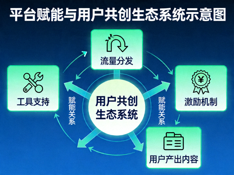平台赋能与用户共创生态系统示意图，展示工具、流量、激励与用户产出内容的关系