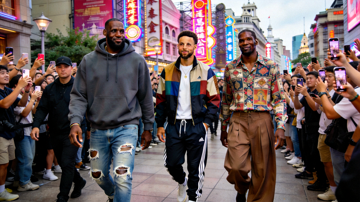 NBA球星中国行期间，詹姆斯、库里和杜兰特穿着潮流服饰走在上海街头，吸引大量粉丝围观，展现街头穿搭魅力