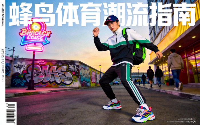 蜂鸟体育潮流指南封面图，展示运动与时尚结合的穿搭风格，模特穿着运动装备在街头摆拍
