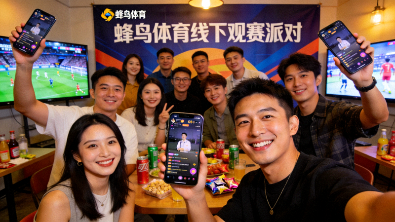 蜂鸟体育线下观赛派对照片，用户举着手机参与线上互动