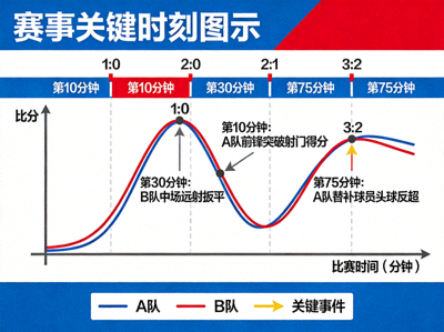 赛事关键时刻图示，展示比分变化曲线与关键事件时间点